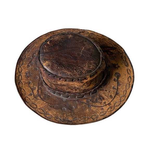 (SOLD) HANDMADE Vintage Hand Tooled Leather Mexican Western Cowboy Hat Hat O/S - Picture 3 of 15